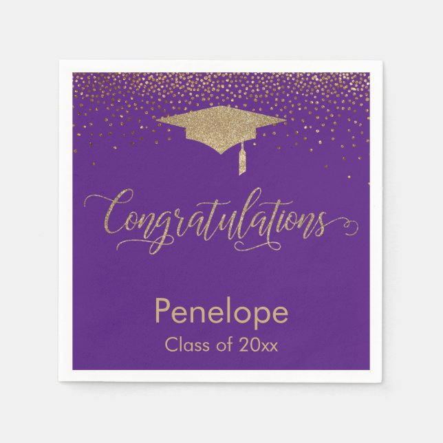Serviette En Papier Félicitations Gold Graduation Cap Purple (Devant)