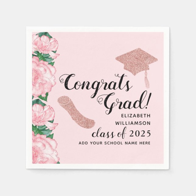 Serviette En Papier Félicitations Grad Floral Pink Classe 2025 Graduat (Devant)