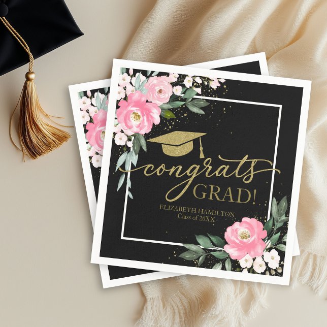 Serviette En Papier Félicitations Grad Rose Hot Rose Floral Graduation (Créateur téléchargé)