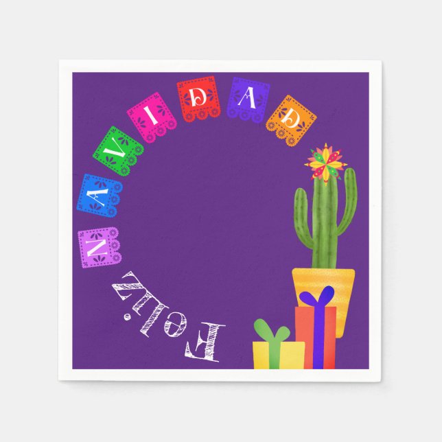 Serviette En Papier Feliz Navidad Fiesta Green Cactus Sur Violet (Devant)
