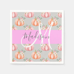 Serviette En Papier Féminin Floral Gris Rose Pêche Citrouille Monogram
