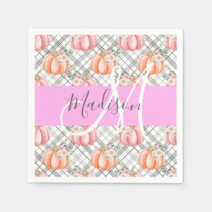 Serviette En Papier Féminin Floral Gris Rose Pêche Citrouille Monogram
