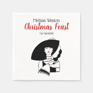 Serviette En Papier Femme Art Déco avec grand chapeau gants Noël Xmas 