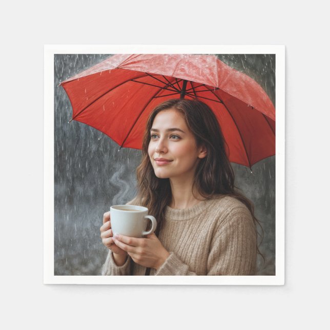 Serviette En Papier Femme avec une coupe de café chaud sous un paraplu (Devant)