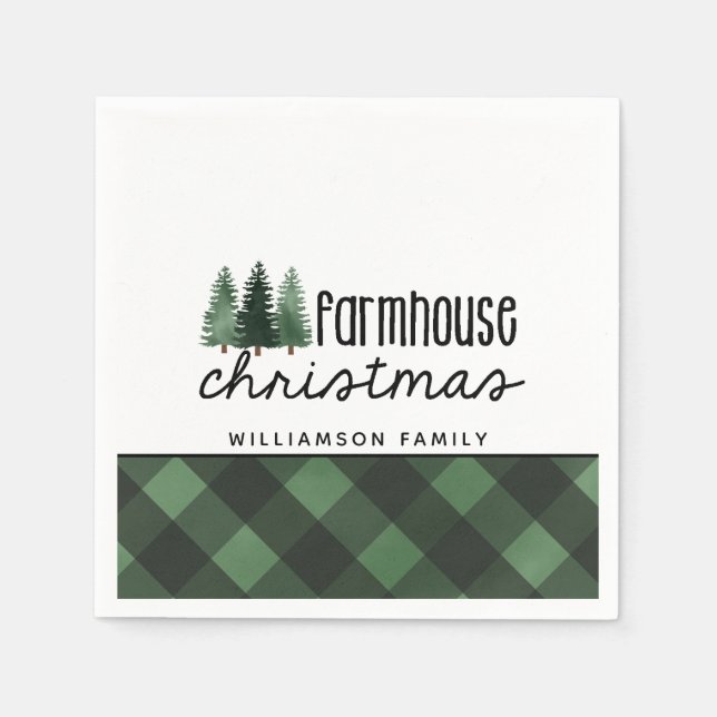Serviette En Papier Ferme Noël Vert Plaid Nom de famille (Devant)