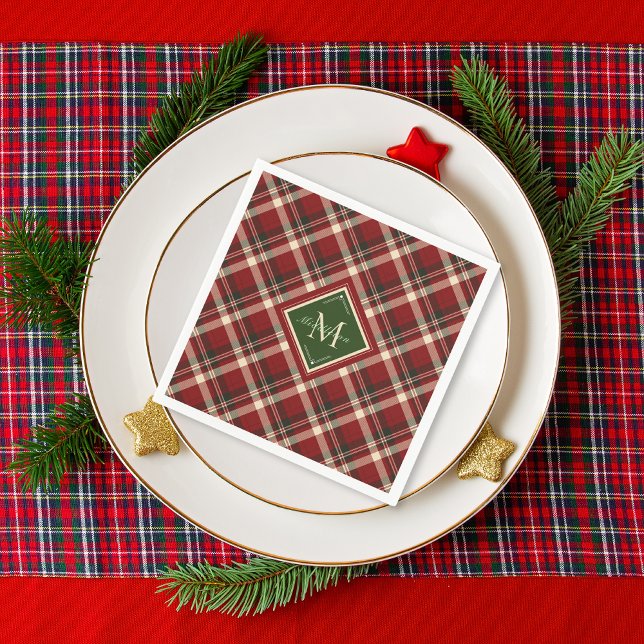 Serviette En Papier Festif Noël Rustique Rouge Vert Plaid Monogramme (Créateur téléchargé)