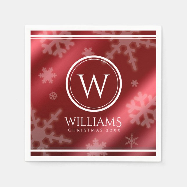 Serviette En Papier Festif Red Foil Snowflakes Nom du monogramme (Devant)