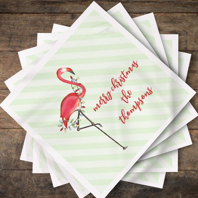 Serviette En Papier Festive Flamant rose mignon de Noël (Cute Christmas Merry and Bright pink flamingo holiday lights.)