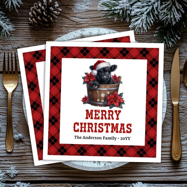 Serviette En Papier Festive highland cow red black tartan napkins (Festive highland cow red black tartan napkin)