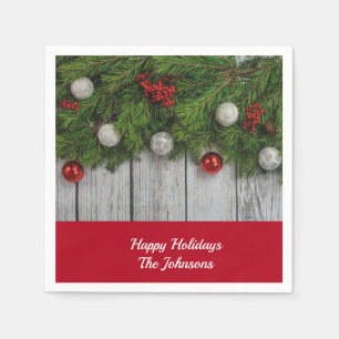 Serviette En Papier Festive Holiday Red Green & Silver Cocktail