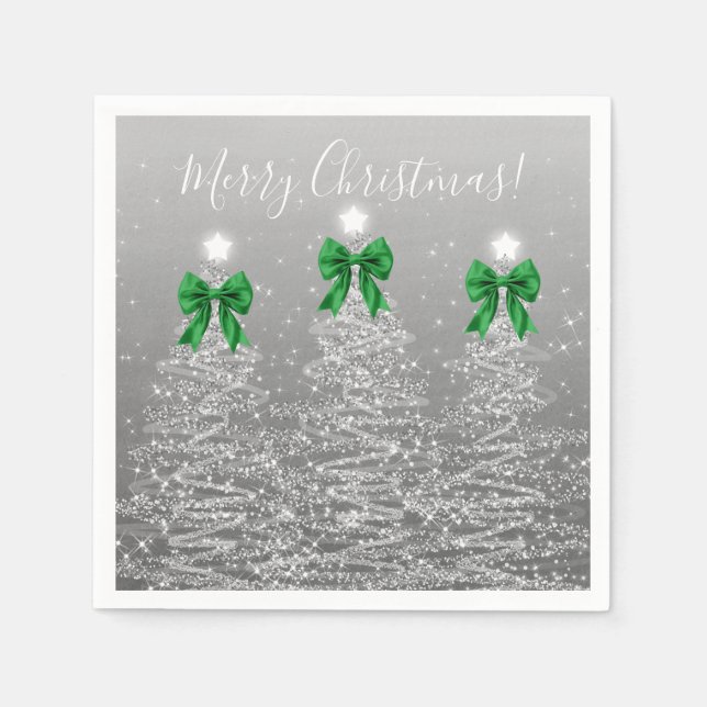 Serviette En Papier Festive Holiday Silver Christmas Trees Green Bows (Devant)