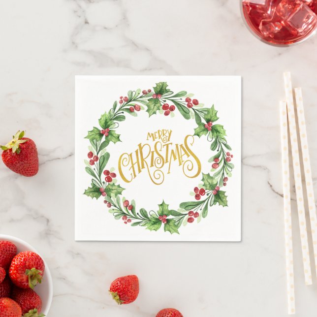Serviette En Papier Festive Holly Wreath - Gold Foil Joyeux Noël (En situation)