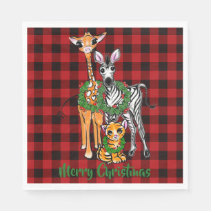 Serviette En Papier Festive vacances safari amis, rouge noir plaid