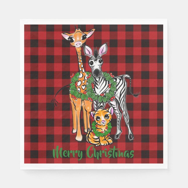Serviette En Papier Festive vacances safari amis, rouge noir plaid (Devant)