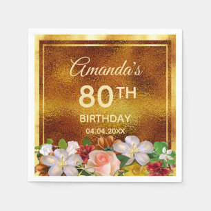 Serviette En Papier Fête 80e anniversaire or blanc fleurs roses