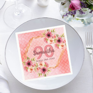 Serviette En Papier Fête 90e anniversaire corail or dahlia fleurs