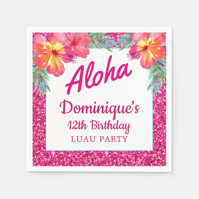 Serviette En Papier Fête Aloha Luau Paillettes Papier Tropical Hibiscu (Devant)