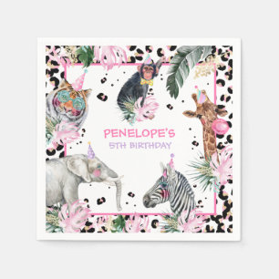 Serviette En Papier Fête Animaux Wild Safari Rose Fille Anniversaire
