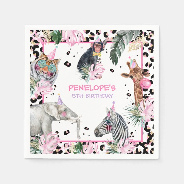 Serviette En Papier Fête Animaux Wild Safari Rose Fille Anniversaire (Devant)