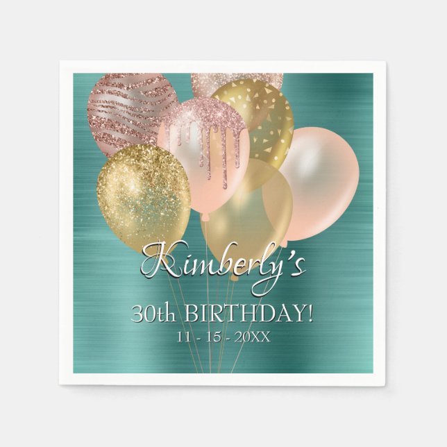 Serviette En Papier Fête Anniversaire Nom, Ballons Date d'âge Émeraude (Devant)