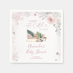 Serviette En Papier Fête bébé Luge Flocon de neige Rose pastel Hiver