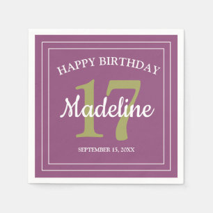 Serviette En Papier Fête d'anniversaire 17 ans Violet Vert ou tout âge