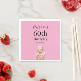Serviette En Papier Fête d'anniversaire 60 ans Fleurs sauvages Rose