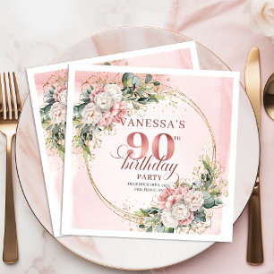 Serviette En Papier Fête d'anniversaire 90 ans Floral Bohème Rose Clai