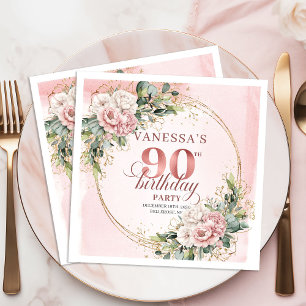 Serviette En Papier Fête d'anniversaire 90 ans Floral Rose Pâle Eucaly