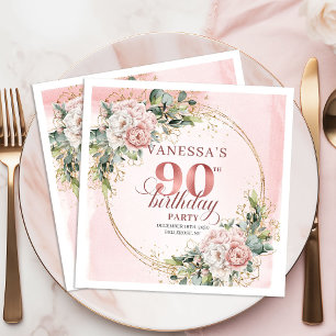 Serviette En Papier Fête d'anniversaire 90 ans Floral Vert sauge Rose