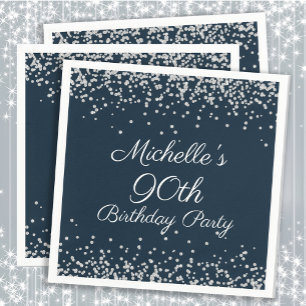 Serviette En Papier Fête d'anniversaire 90 ans Navy Blue Silver Glitte