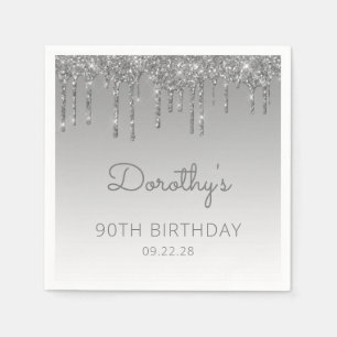 Serviette En Papier Fête d'anniversaire 90 ans Silver Glitter Drip