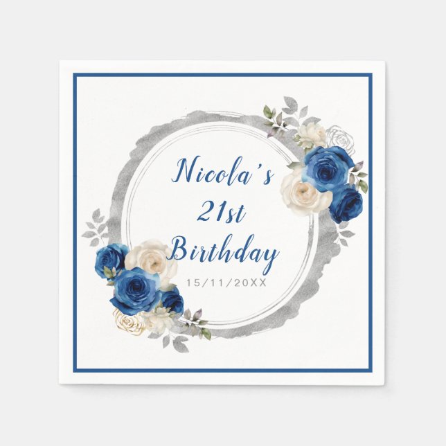 Serviette En Papier Fête d'Anniversaire Bleu foncé Argent (Devant)