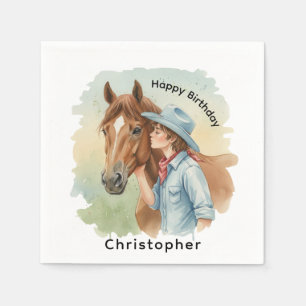 Serviette En Papier Fête d'anniversaire Blue Cowboy embrassant un chev