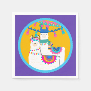 Serviette En Papier Fête d'anniversaire colorée violet bleu jaune Lama