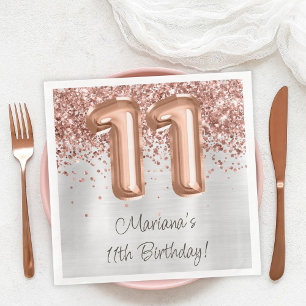 Serviette En Papier Fête d'anniversaire de 11 ans Rose Gold Argent