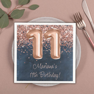 Serviette En Papier Fête d'anniversaire de 11 ans Rose Gold Navy Blue