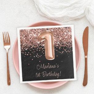 Serviette En Papier Fête d'anniversaire de 1 an Rose Gold Black