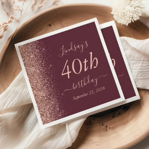 Serviette En Papier Fête d'anniversaire de 40 ans Burgundy Rose Gold G