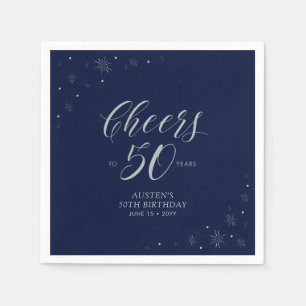 Serviette En Papier Fête d'anniversaire de 50 ans Argent et Bleu Marin