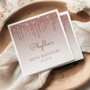 Serviette En Papier Fête d'anniversaire de 80 ans chic rose gold paill