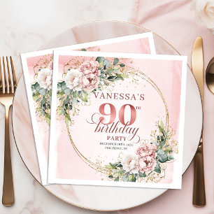 Serviette En Papier Fête d'anniversaire de 90 ans aux fleurs aquarelle