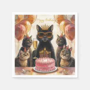 Serviette En Papier Fête d'anniversaire de chat noir avec gâteau rose