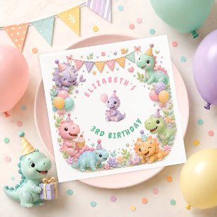 Serviette En Papier Fête d'anniversaire de dinosaure rose mignon