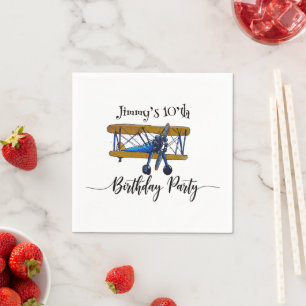 Serviette En Papier Fête d'anniversaire de garçons avec biplan bleu et