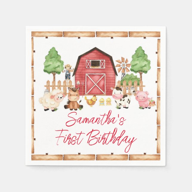 Serviette En Papier Fête d'anniversaire de Red Farm Animaux (Devant)
