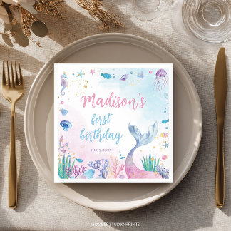 Serviette En Papier Fête d'anniversaire de sirène pastel sous la mer
