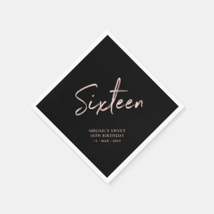 Serviette En Papier Fête d'anniversaire des seize ans Rose Gold Black