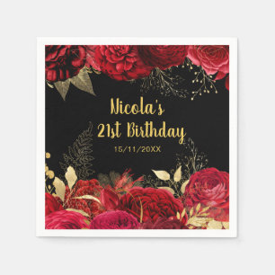 Serviette En Papier Fête d'anniversaire Fleurs Rouges et Dorées Élégan