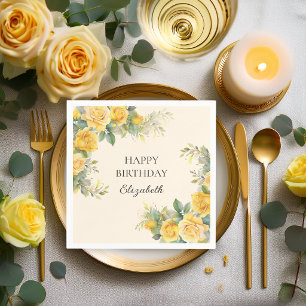 Serviette En Papier Fête d'anniversaire florale avec rose jaune élégan